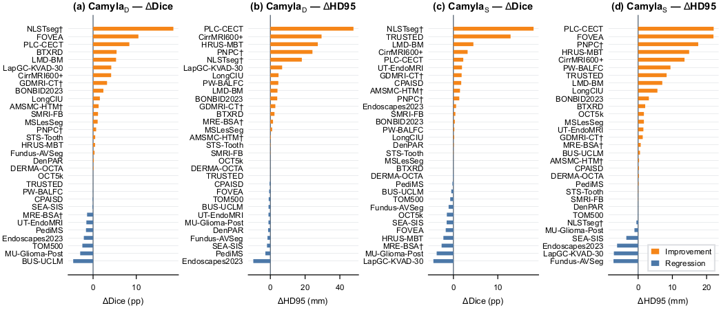 End-to-end Dice improvement per dataset